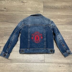 True Religion Manchester United Kids Denim Jean Jacket Embroidered Blue Red Sz 4